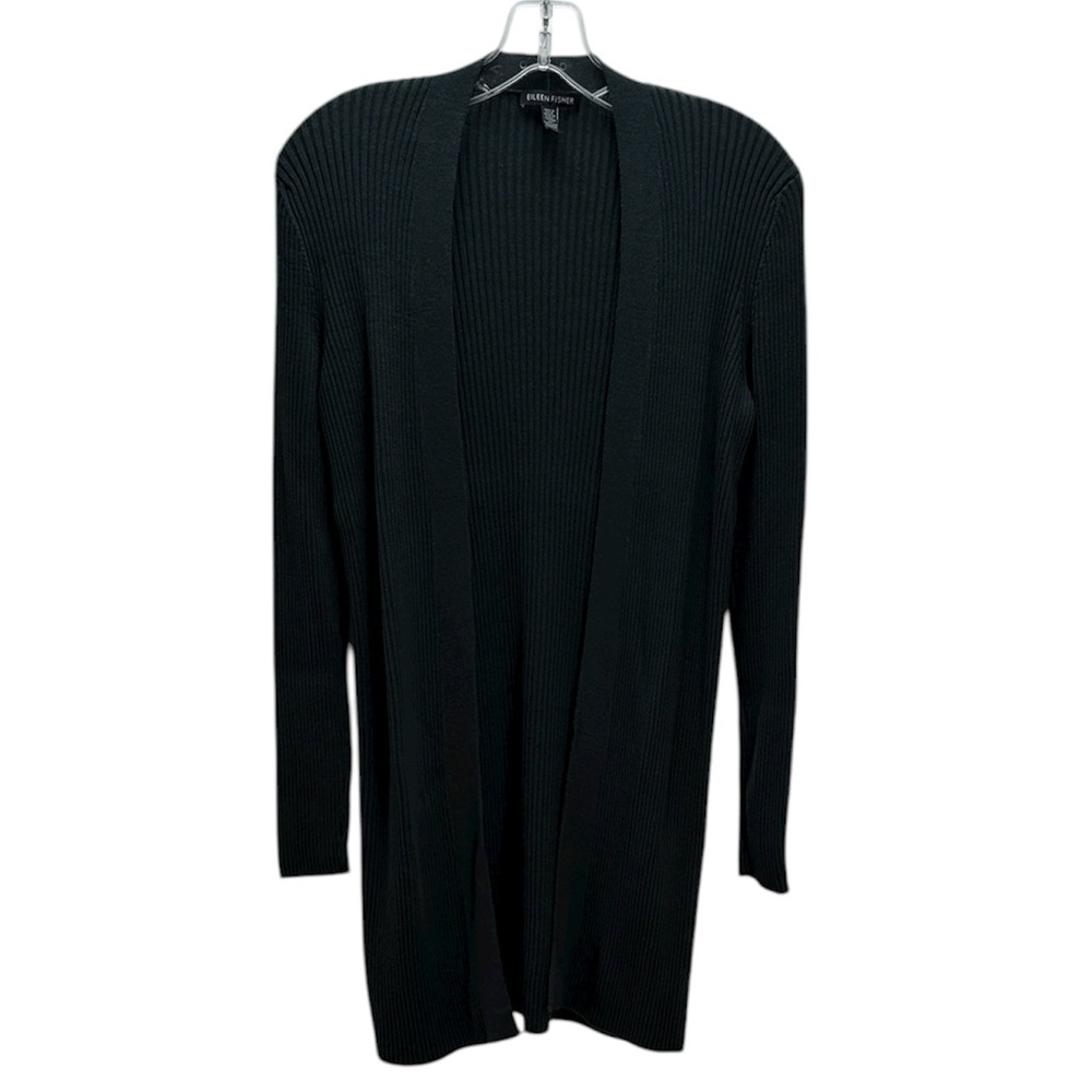 Eileen Fisher Gray Ribbed Tencel Knit Open Cardigan Medium Long‎ Line